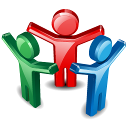 Community Awareness icon showing three diverse people united to promote disaster preparedness, safety education, and public resilience.