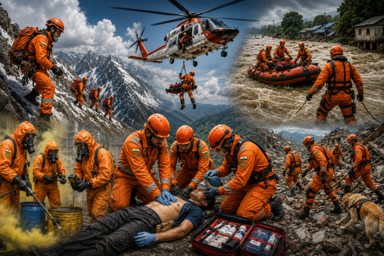 rescue teams in orange protective gear conducting disaster response operations including high-altitude mountain rescue, helicopter slithering, flood rescue, CBRN emergency response, and medical first aid in challenging environments.
