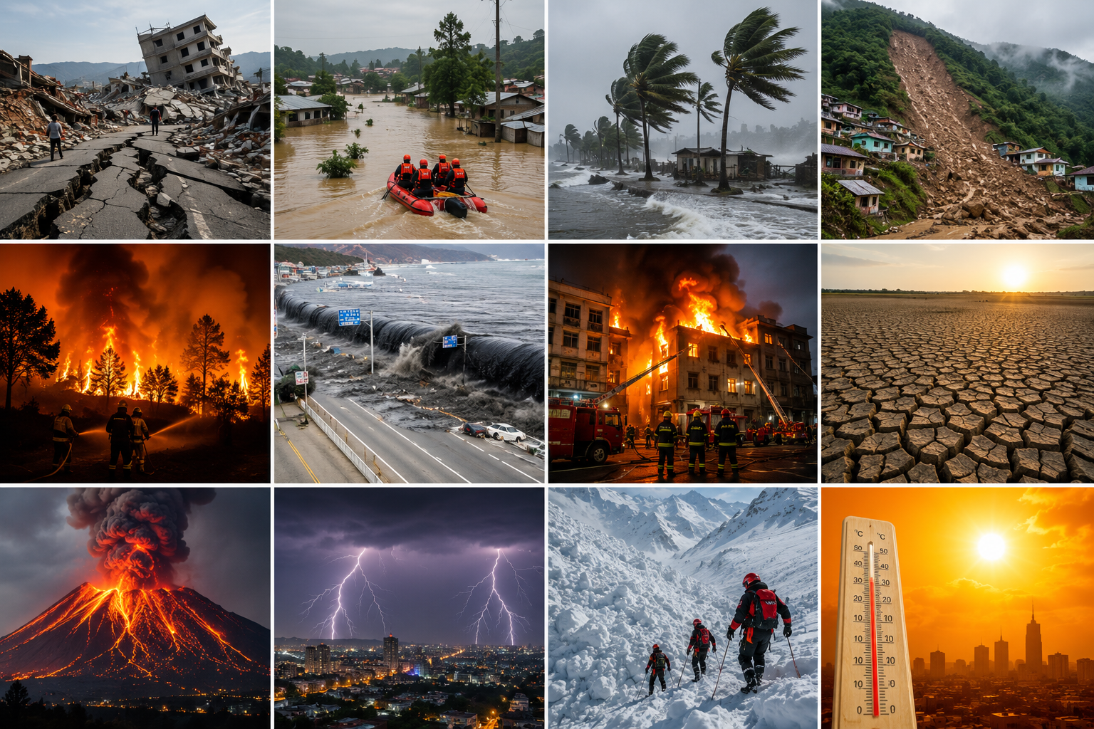 Collage of natural and human-induced disasters including earthquakes, floods, cyclones, landslides, wildfires, tsunamis, urban fires, droughts, volcanic eruptions, lightning storms, avalanches, and extreme heat, illustrating disaster preparedness and emergency response.
