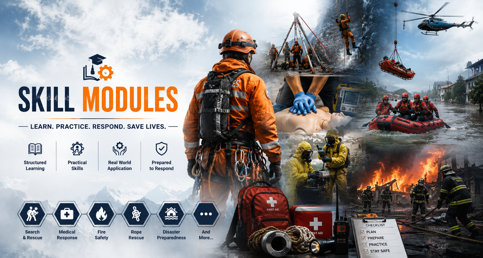 Skill Modules banner featuring emergency responders and rescue professionals performing search and rescue, rope rescue, flood rescue, CPR, CBRN response, fire safety, and disaster preparedness operations.