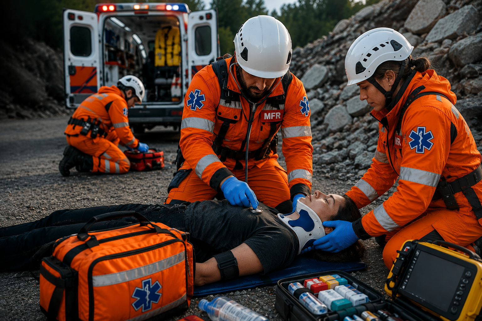 Medical First Responder (MFR) team in orange emergency response uniforms providing life-saving first aid and trauma care to an injured patient at an incident scene.
