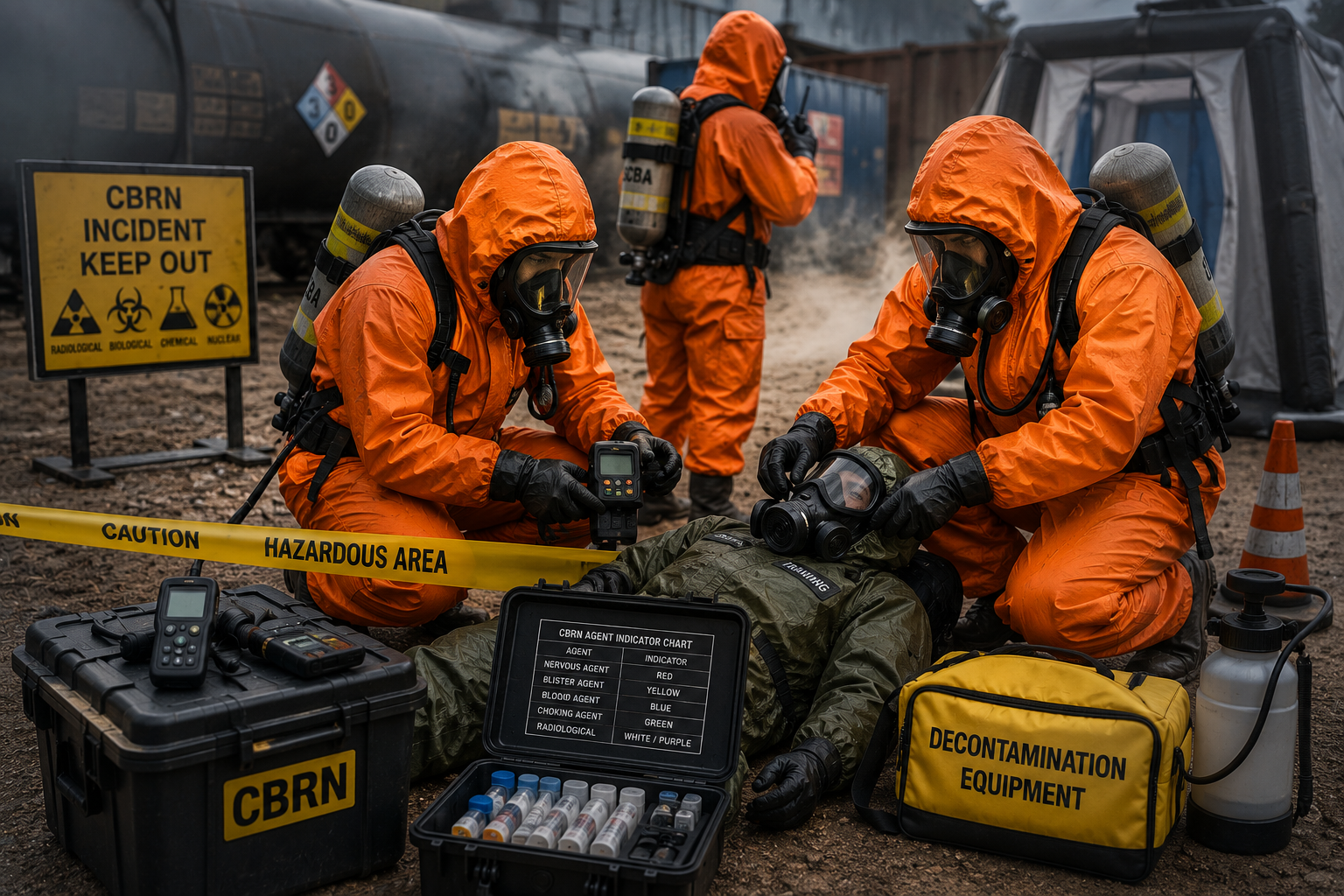 CBRN emergency response team in orange protective suits and respirators conducting hazardous material assessment, casualty management, and decontamination during a chemical, biological, radiological, and nuclear incident.