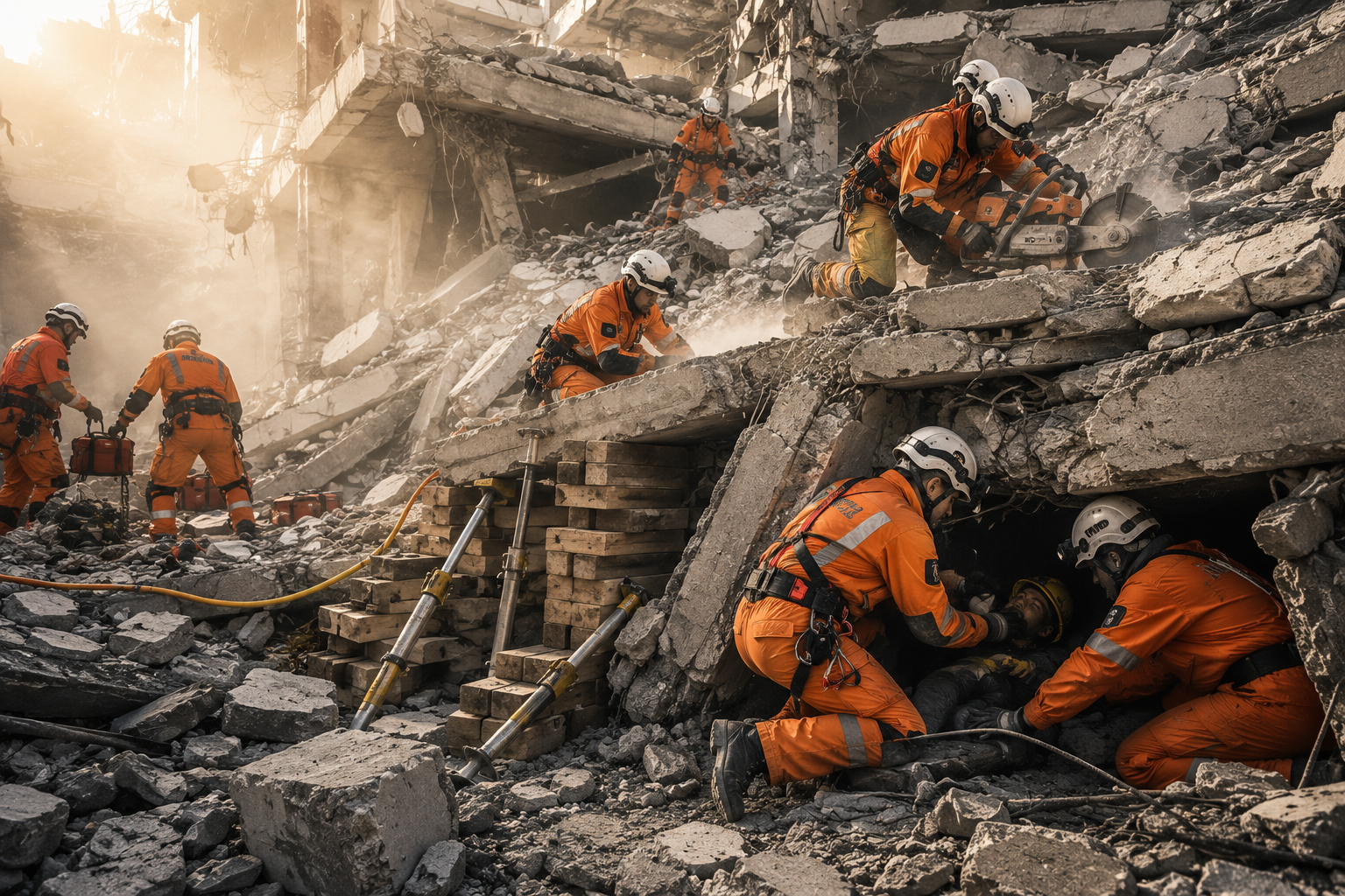 Urban Search and Rescue (CSSR) team in orange protective uniforms conducting rescue operations inside a collapsed building using technical rescue equipment to extricate trapped survivors.
