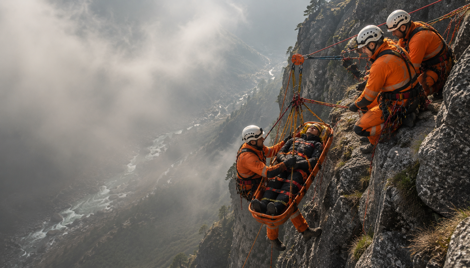 Technical rope rescue team in orange protective uniforms rescuing an injured casualty in a stretcher using a dual-rope system on a steep mountain cliff during a high-angle rescue operation.