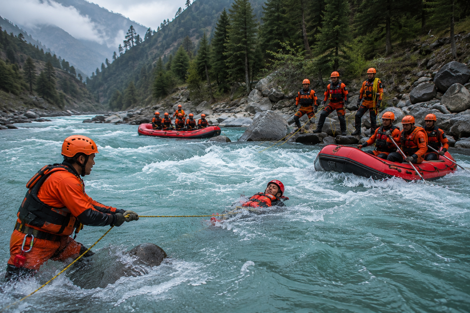 Flood Water Rescue (FWR) team in orange rescue uniforms conducting a swiftwater rescue using inflatable rescue boats and rope rescue techniques to save a stranded casualty in a fast-flowing river.