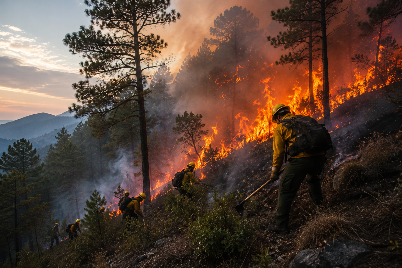 Firefighters in protective gear battling a forest wildfire on a mountain slope, with flames spreading through pine trees, thick smoke rising, and a dramatic emergency response scene.