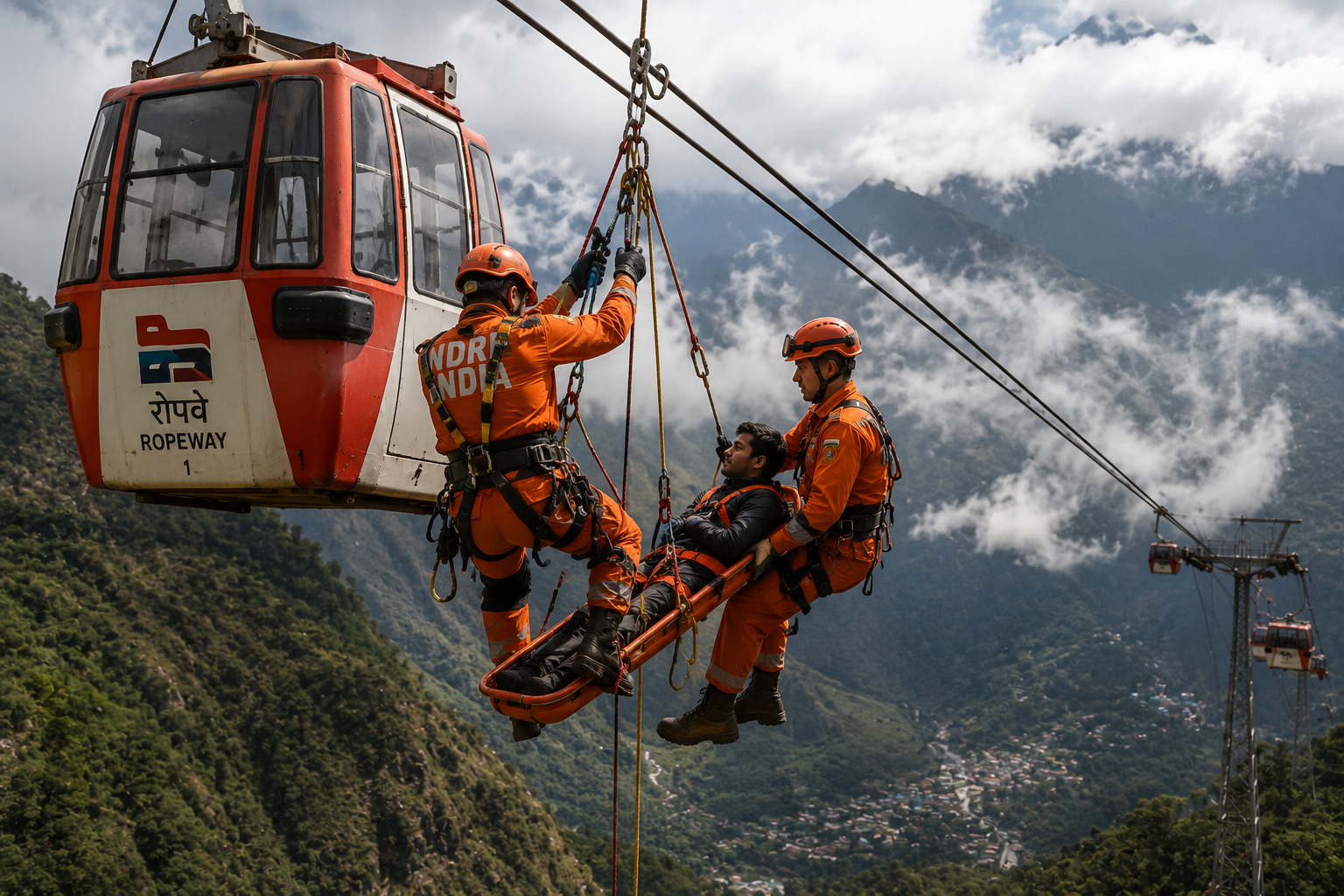 High-altitude ropeway rescue operation with NDRF-style rescue teams in orange protective gear using ropes and harnesses to evacuate an injured person from a cable car in a mountainous region.