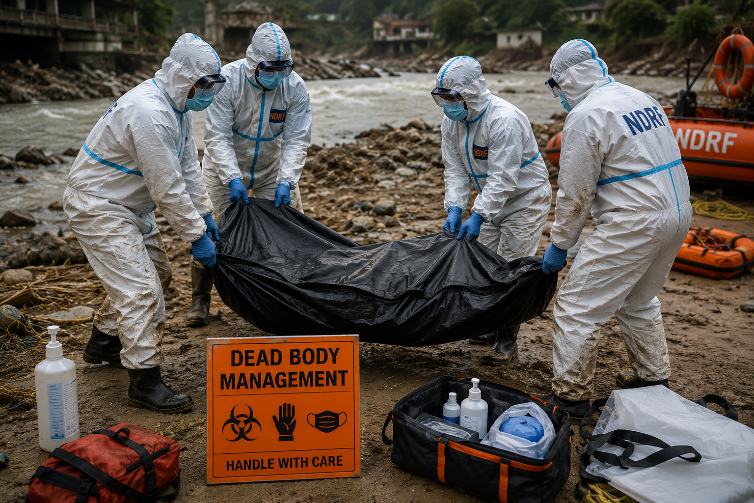 Disaster response team in full PPE carefully transporting a body bag during a dead body management operation following a flood disaster, using proper handling and infection control procedures.