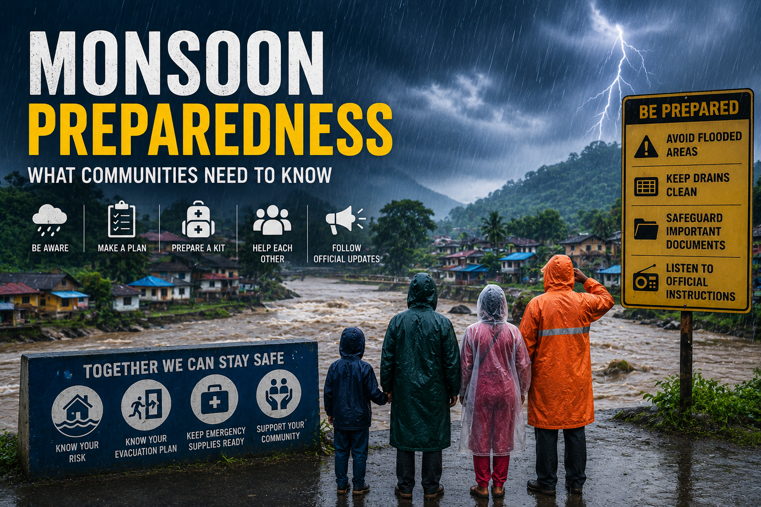 Family standing near a swollen river during heavy monsoon rainfall, highlighting community monsoon preparedness, flood safety, emergency planning, and disaster risk reduction.