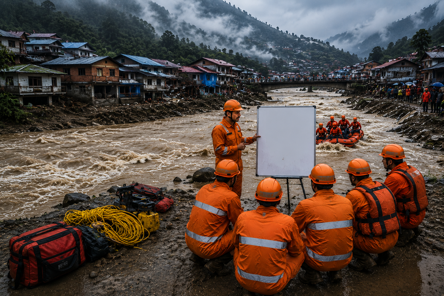 Flood rescue team conducting an operational debrief beside a flooded river after emergency response operations, highlighting lessons learned, team coordination, disaster management, and rescue preparedness.