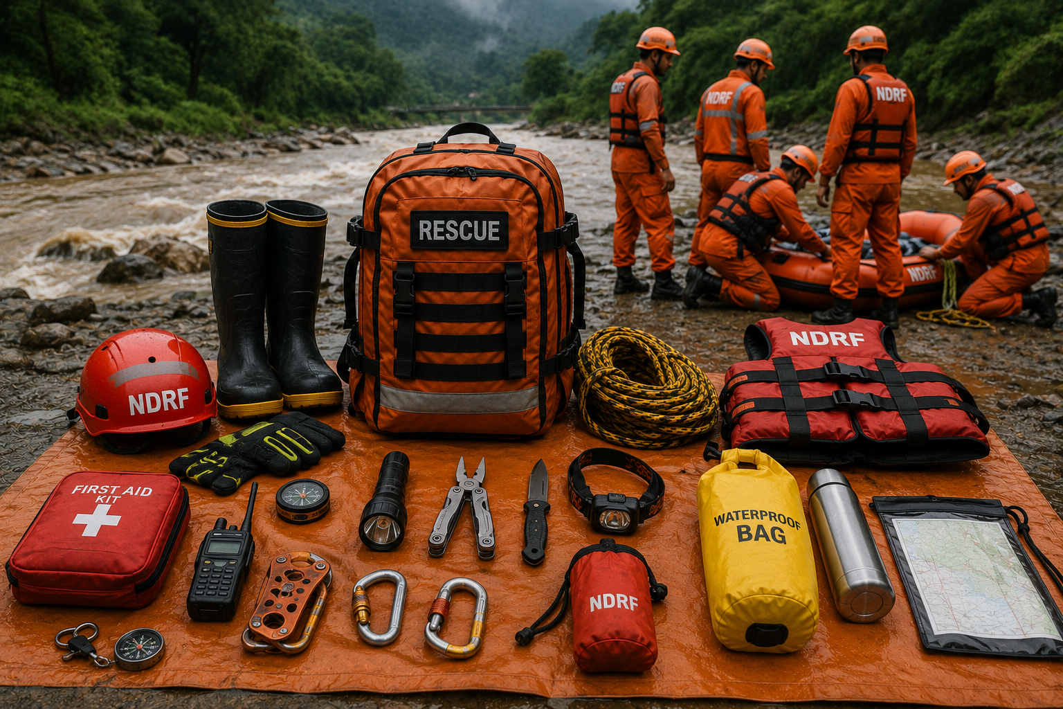 Rescue backpack and essential emergency response equipment including helmet, first aid kit, rope, life jacket, flashlight, waterproof bag, radio, and rescue tools prepared beside a river for disaster response operations.