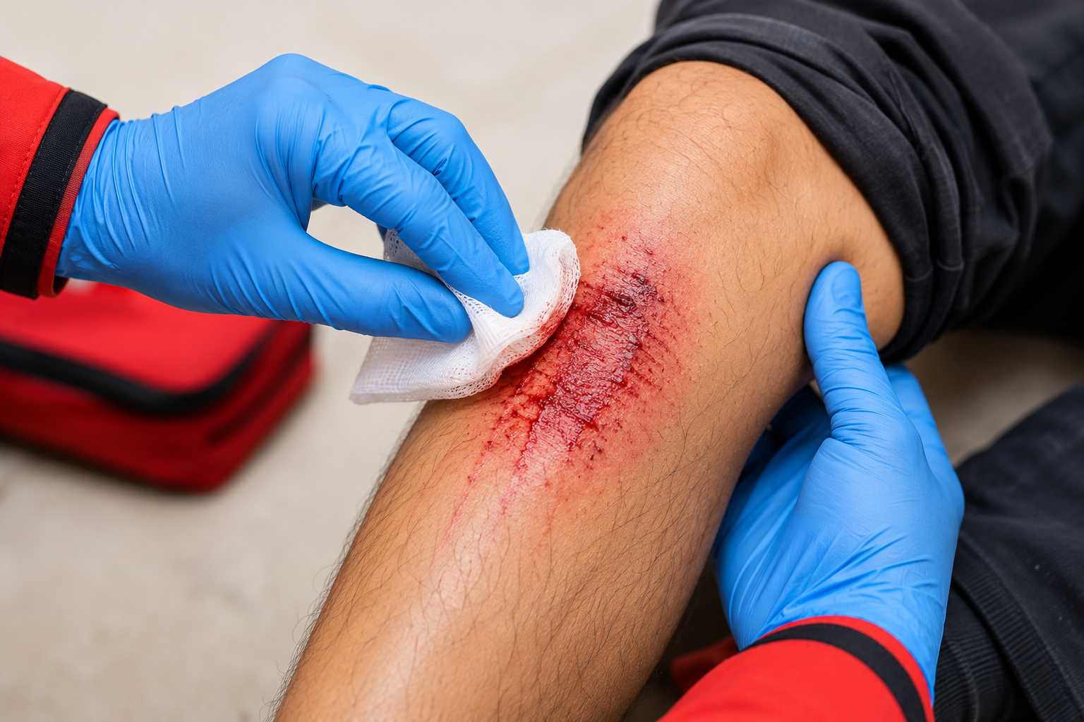 Close-up of a rescuer wearing protective gloves cleaning an abrasion on a casualty's lower leg during emergency first aid treatment.
