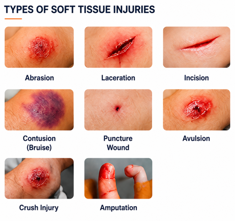 Infographic showing the different types of soft tissue injuries, including abrasion, laceration, incision, contusion (bruise), puncture wound, avulsion, crush injury, and amputation.