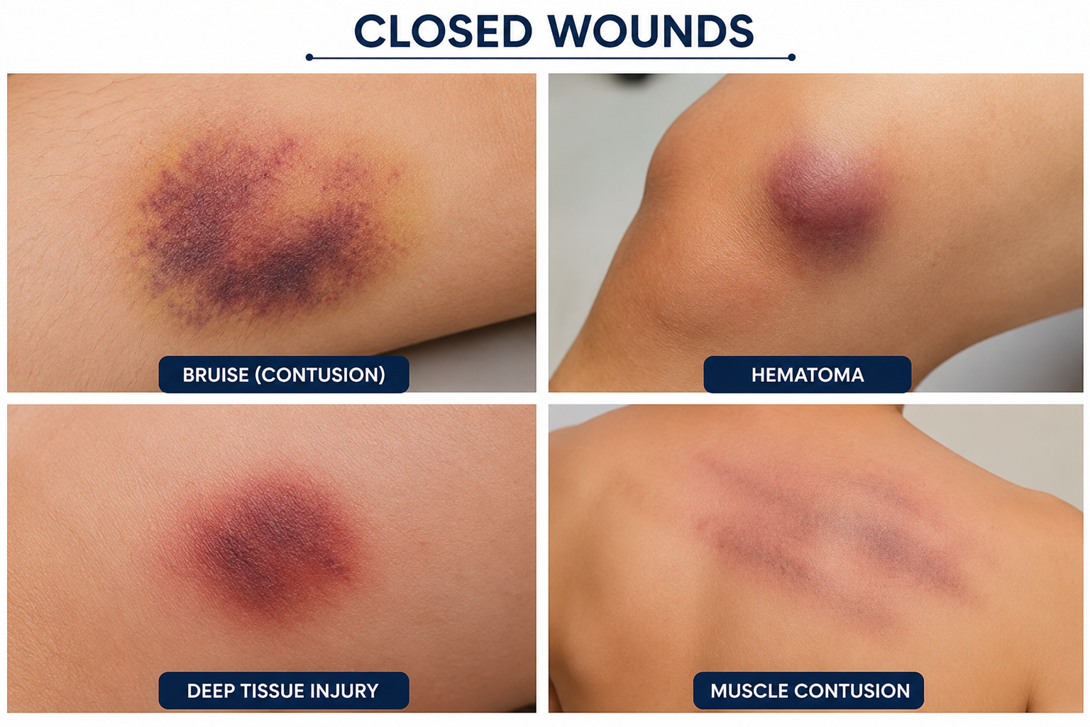 Infographic illustrating common types of closed wounds, including a bruise (contusion), hematoma, deep tissue injury, and muscle contusion with realistic clinical examples.