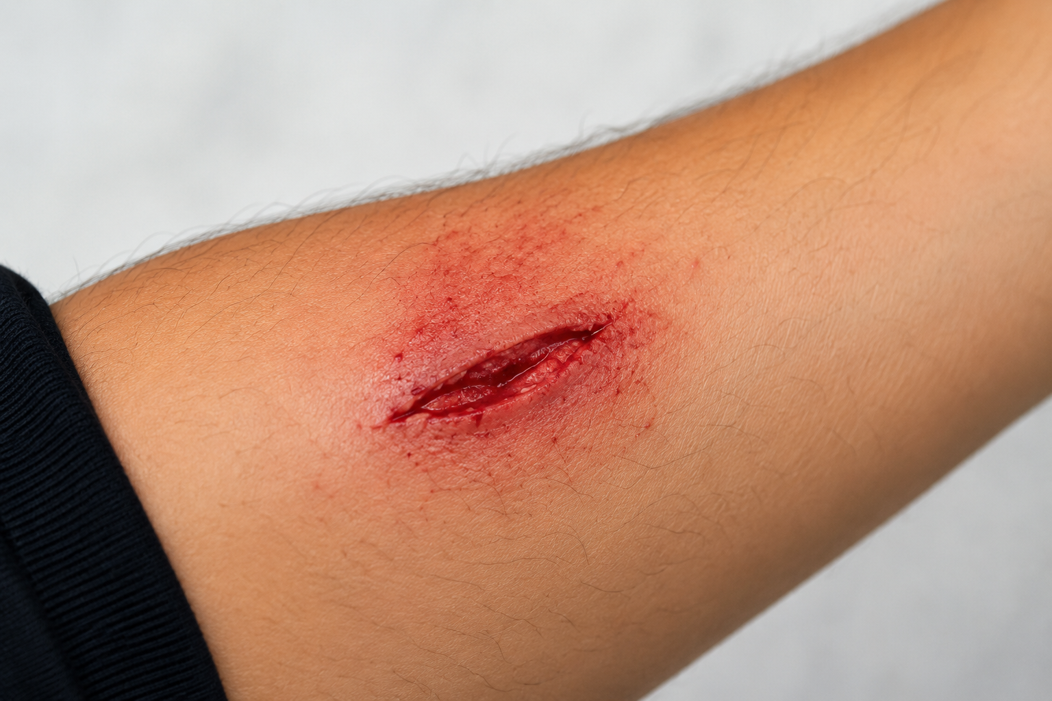 Close-up of a mild open wound on a person's forearm showing a superficial laceration before first aid treatment.