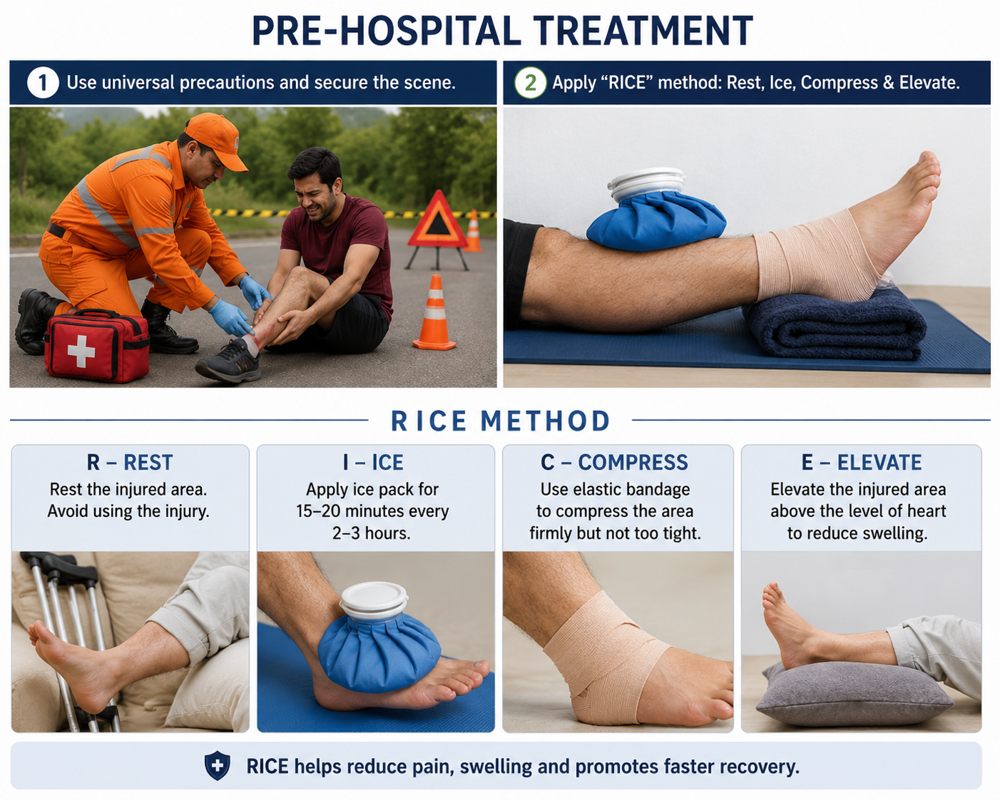 Infographic demonstrating pre-hospital treatment for soft tissue injuries, including scene safety, universal precautions, and the RICE method: Rest, Ice, Compression, and Elevation.