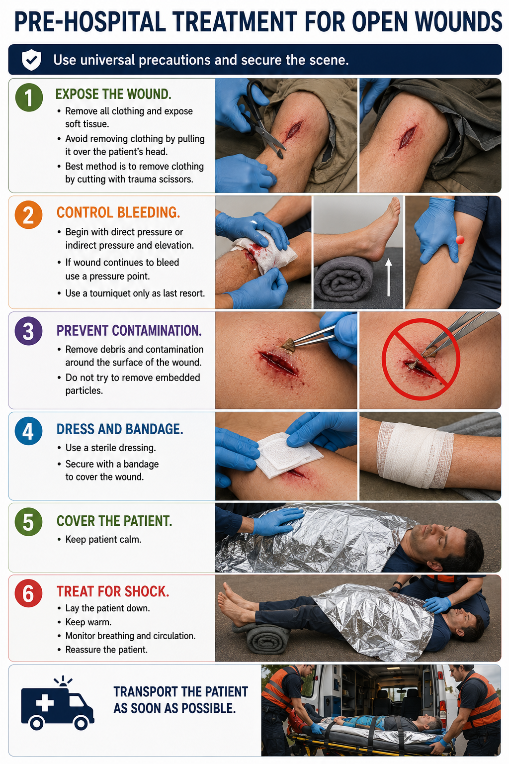 Step-by-step infographic showing pre-hospital treatment for open wounds, including wound exposure, bleeding control, contamination prevention, dressing and bandaging, shock management, and patient transport.