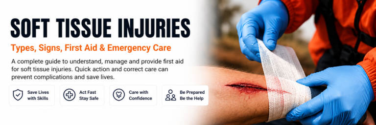 Rescuer applying a sterile bandage to a deep soft tissue injury on a casualty's leg during emergency first aid treatment.