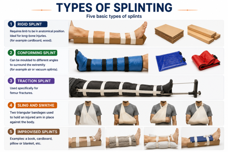 Medical infographic illustrating five basic types of splints: rigid splint, conforming splint, traction splint, sling and swathe, and improvised splints used for fracture immobilization.