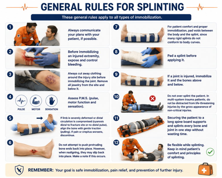 Medical infographic illustrating the general rules for splinting, including patient communication, bleeding control, PMS assessment, proper padding, joint immobilization, and safe fracture management techniques.