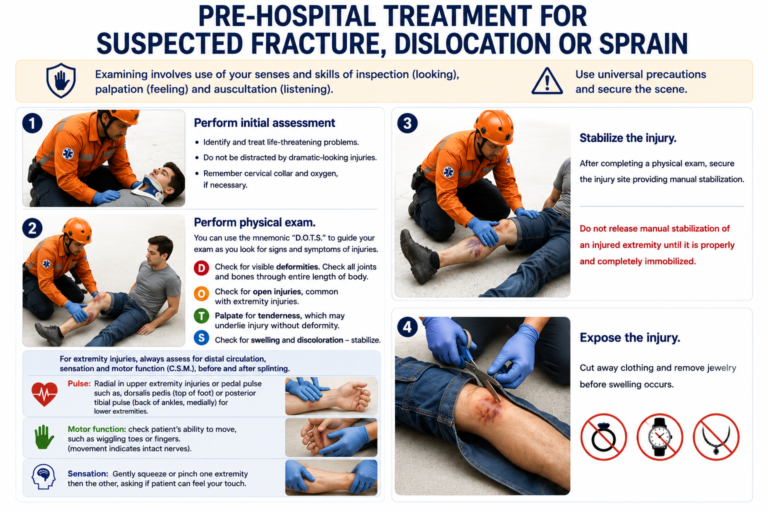 Medical infographic illustrating the pre-hospital assessment and first aid management of suspected fractures, dislocations, and sprains, including initial assessment, D.O.T.S. examination, C.S.M. checks, stabilization, and injury exposure.