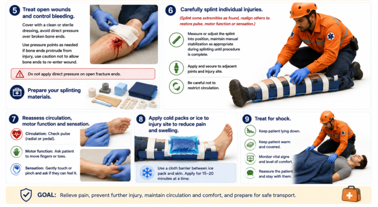 Medical infographic demonstrating the continuation of pre-hospital care for suspected fractures, dislocations, and sprains, including wound care, splinting, circulation reassessment, cold therapy, and shock management.