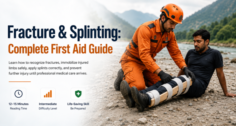 Rescuer in orange protective gear applying a leg splint to an injured casualty during a fracture first aid response in an outdoor environment.