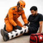 Rescuer in orange protective gear applying a leg splint to an injured casualty during a fracture first aid response in an outdoor environment.