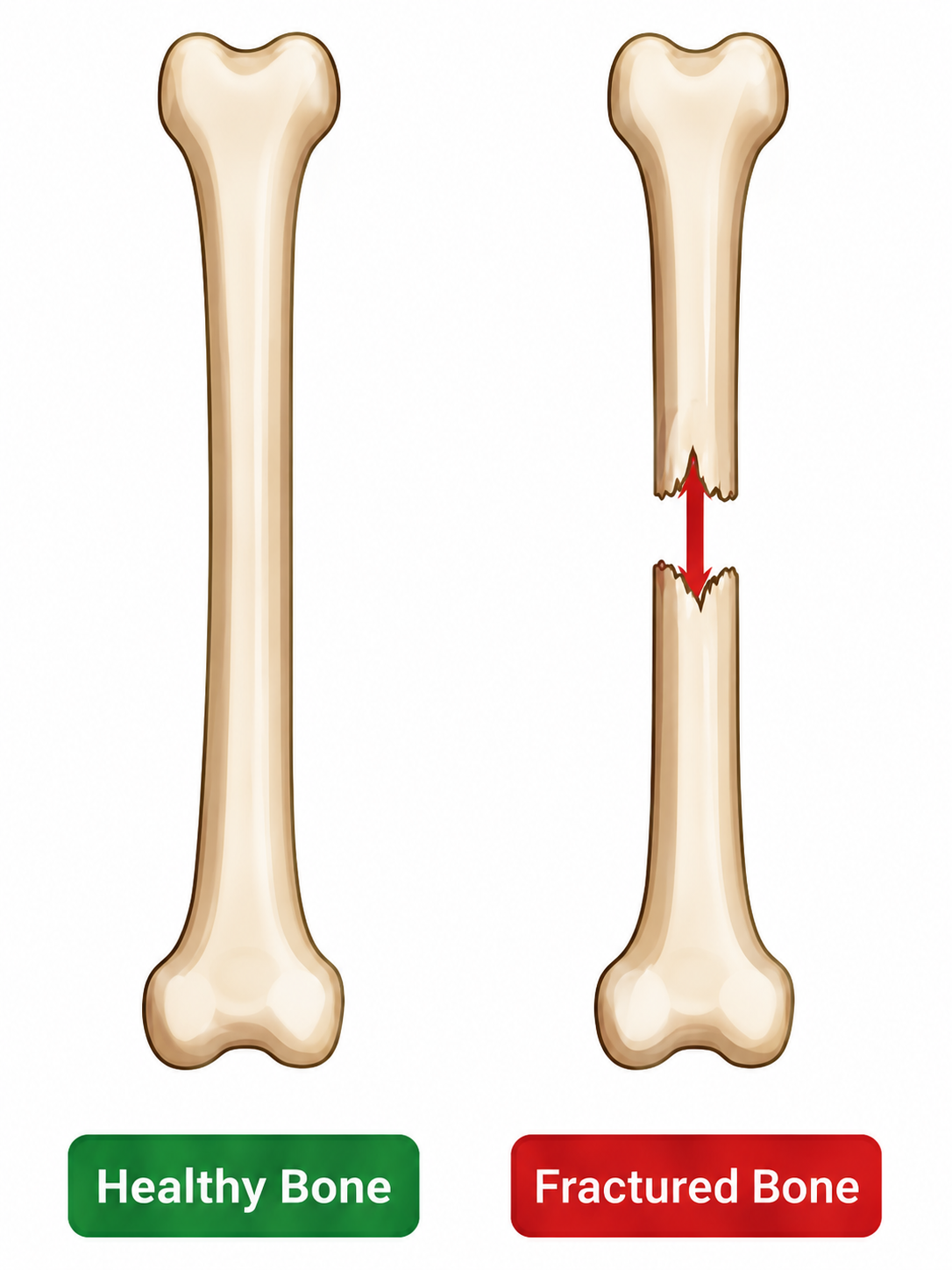 Comparison illustration of a healthy bone and a fractured bone showing a complete break with displacement on a white background.