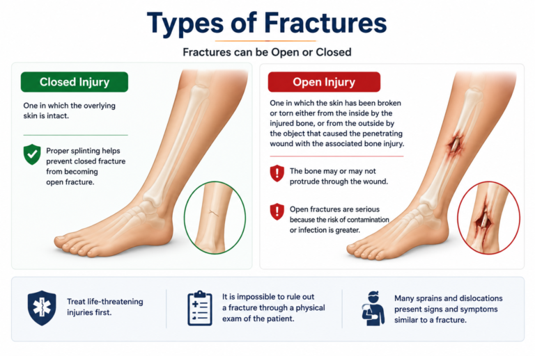 Medical infographic comparing closed and open fractures, illustrating intact skin in a closed fracture and a mild open fracture with a skin wound, along with key first aid considerations.