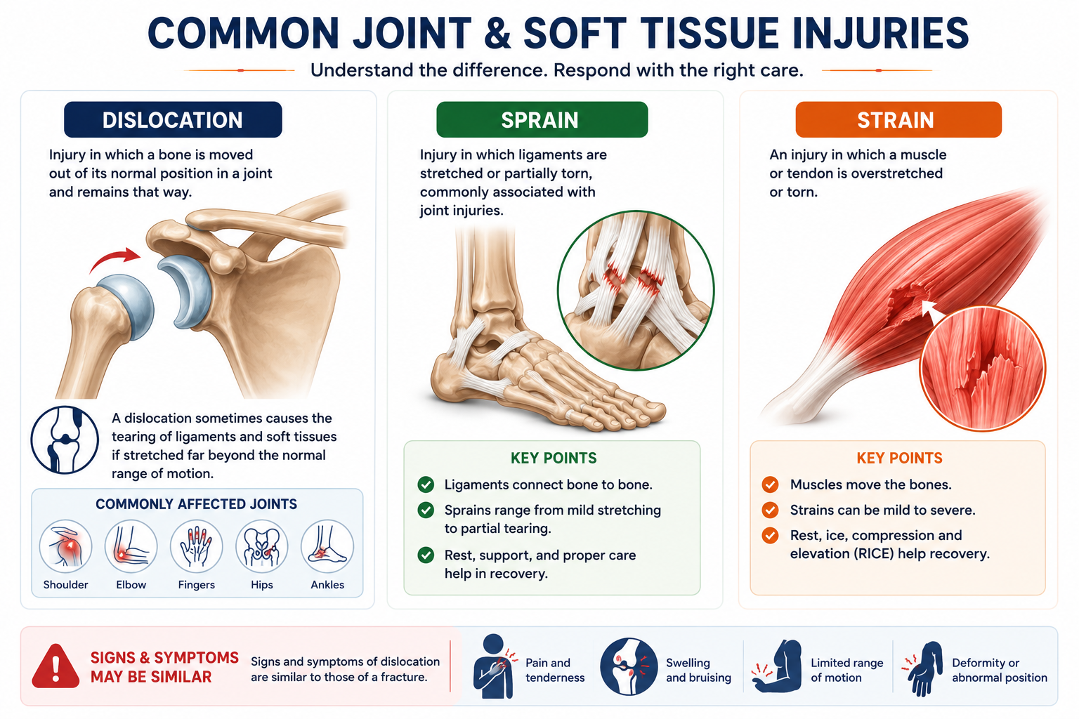 Medical infographic comparing dislocation, sprain, and strain with anatomical illustrations, affected joints, key characteristics, and common signs and symptoms.