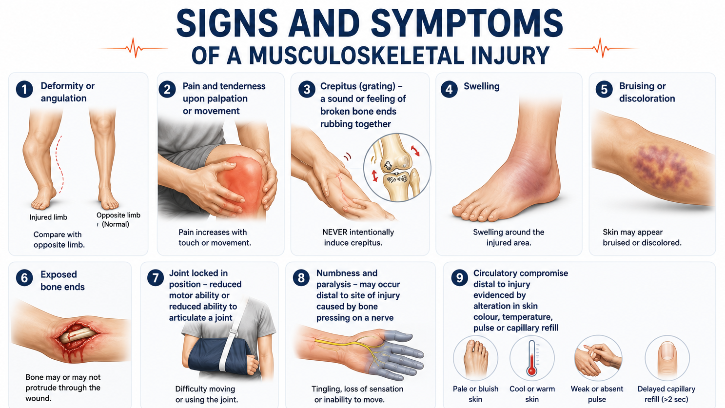 Medical infographic illustrating the common signs and symptoms of a musculoskeletal injury, including deformity, pain, crepitus, swelling, bruising, exposed bone, joint locking, numbness, and poor circulation.