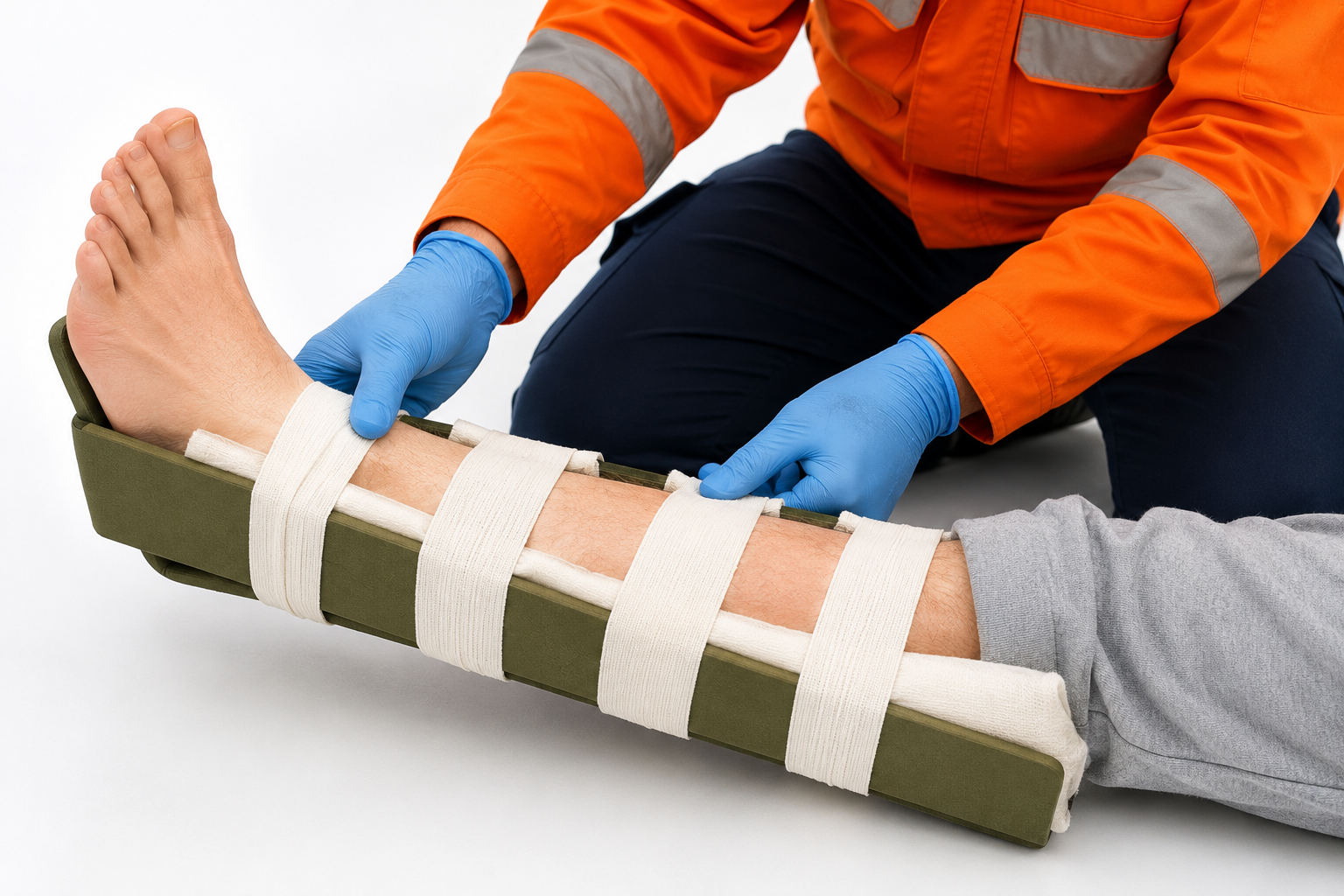 Trained rescuer applying a rigid splint to an injured lower leg using padded support and bandages to immobilize a suspected fracture.