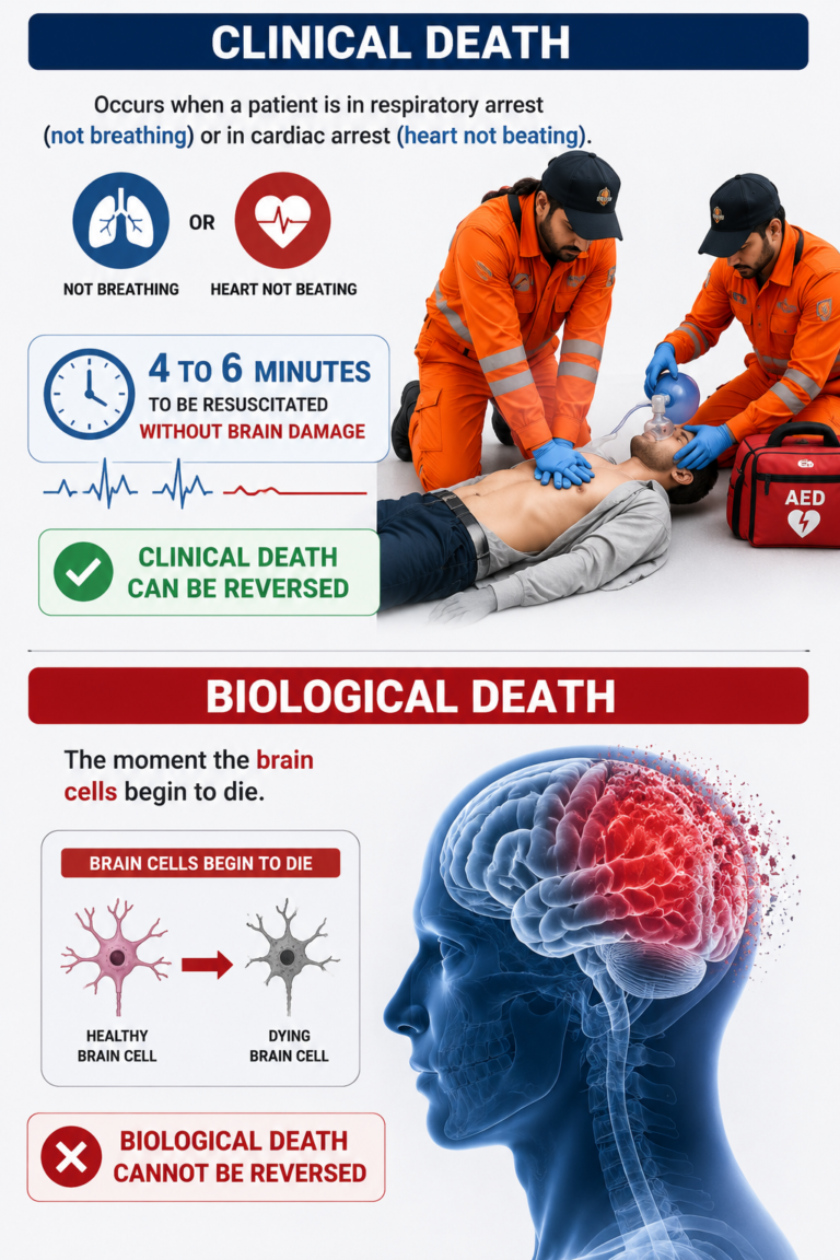 Medical infographic comparing clinical death and biological death, illustrating the reversible period of cardiac or respiratory arrest and the irreversible death of brain cells after prolonged oxygen deprivation.