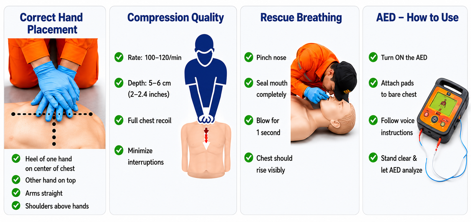 CPR training infographic showing correct hand placement for chest compressions, compression quality, rescue breathing technique, and step-by-step AED usage during adult cardiopulmonary resuscitation.