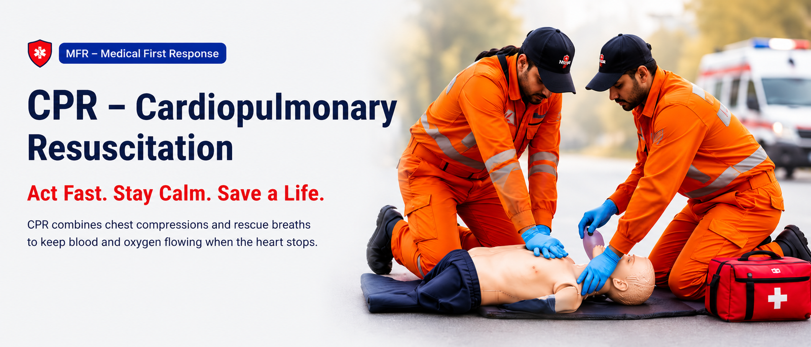 Two rescuers performing high-quality CPR on an adult training manikin during Medical First Response (MFR) training while demonstrating life-saving chest compressions and airway management.