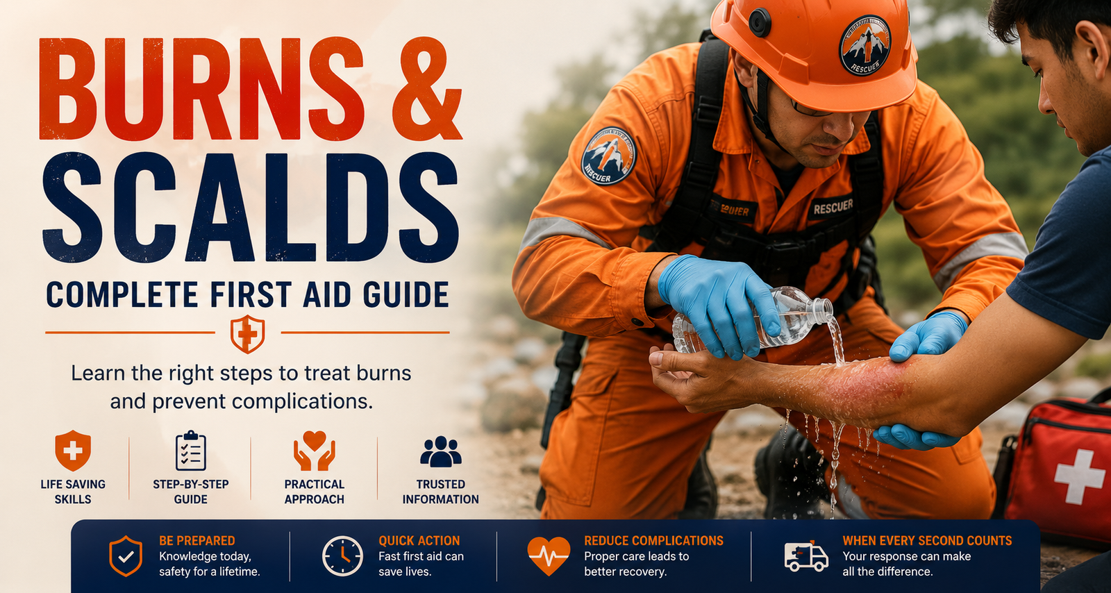Professional rescuer providing first aid by cooling a burn injury with clean water while demonstrating proper burn treatment techniques in an outdoor emergency setting.