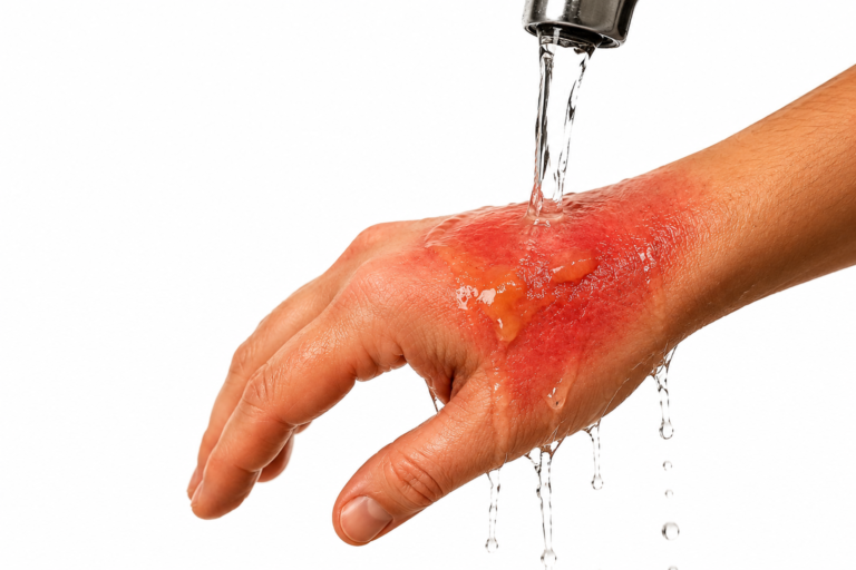 Close-up of a burn injury on the back of a person's hand being cooled under clean running water, demonstrating immediate first aid for a thermal burn against a plain white background.