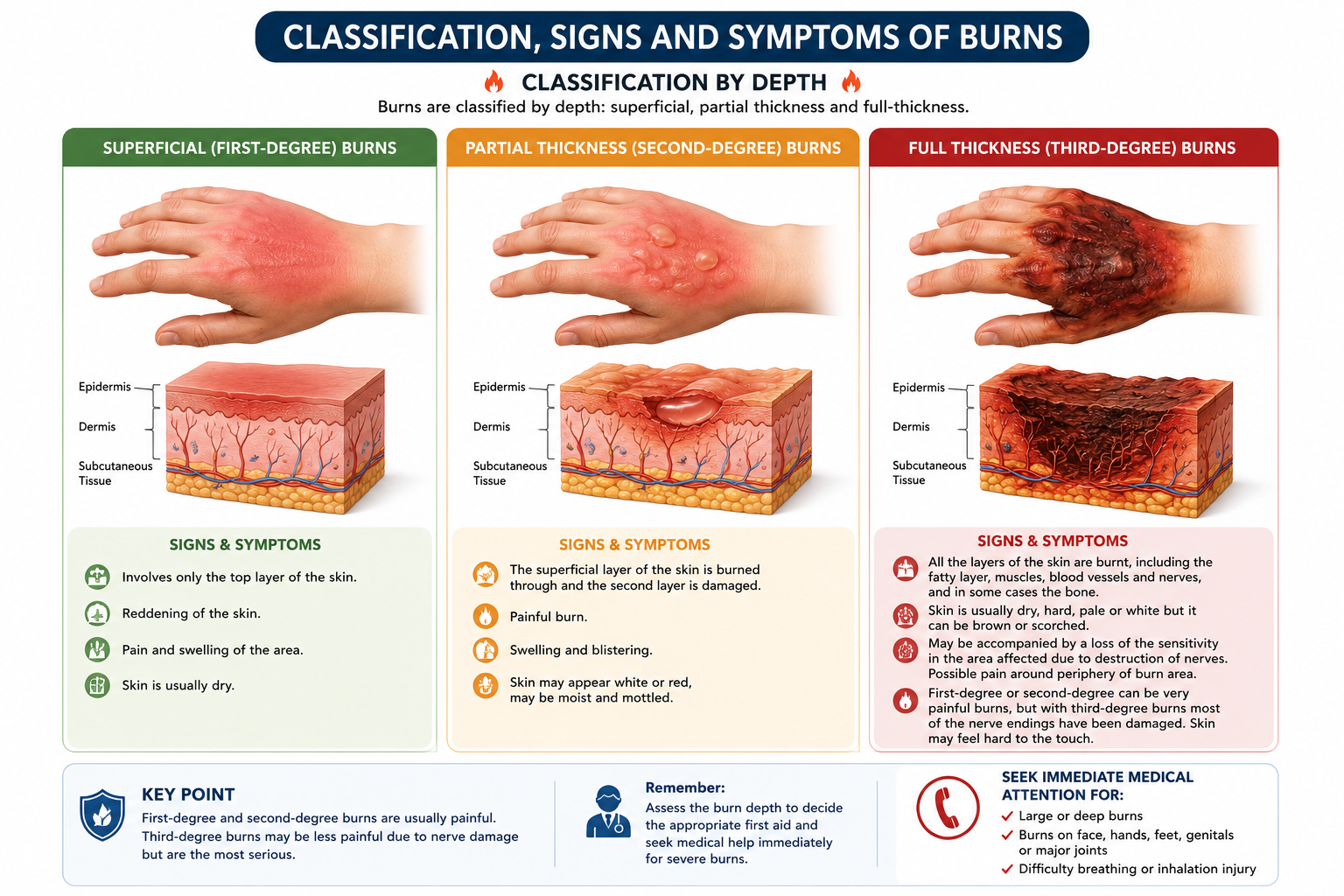 Illustrated infographic showing the classification of burns by depth, comparing superficial (first-degree), partial-thickness (second-degree), and full-thickness (third-degree) burns with skin layer diagrams, visual appearance, signs, symptoms, and key first aid guidance.