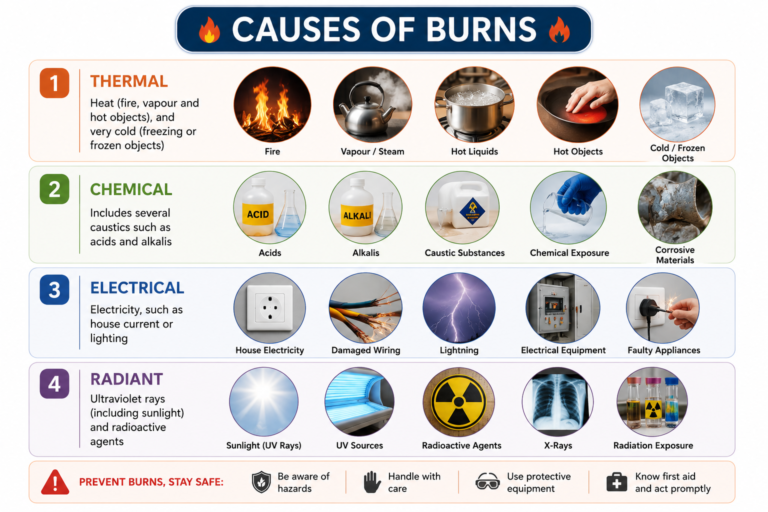 Educational infographic illustrating the four main causes of burns—thermal, chemical, electrical, and radiant—with realistic images, hazard examples, and burn prevention reminders.