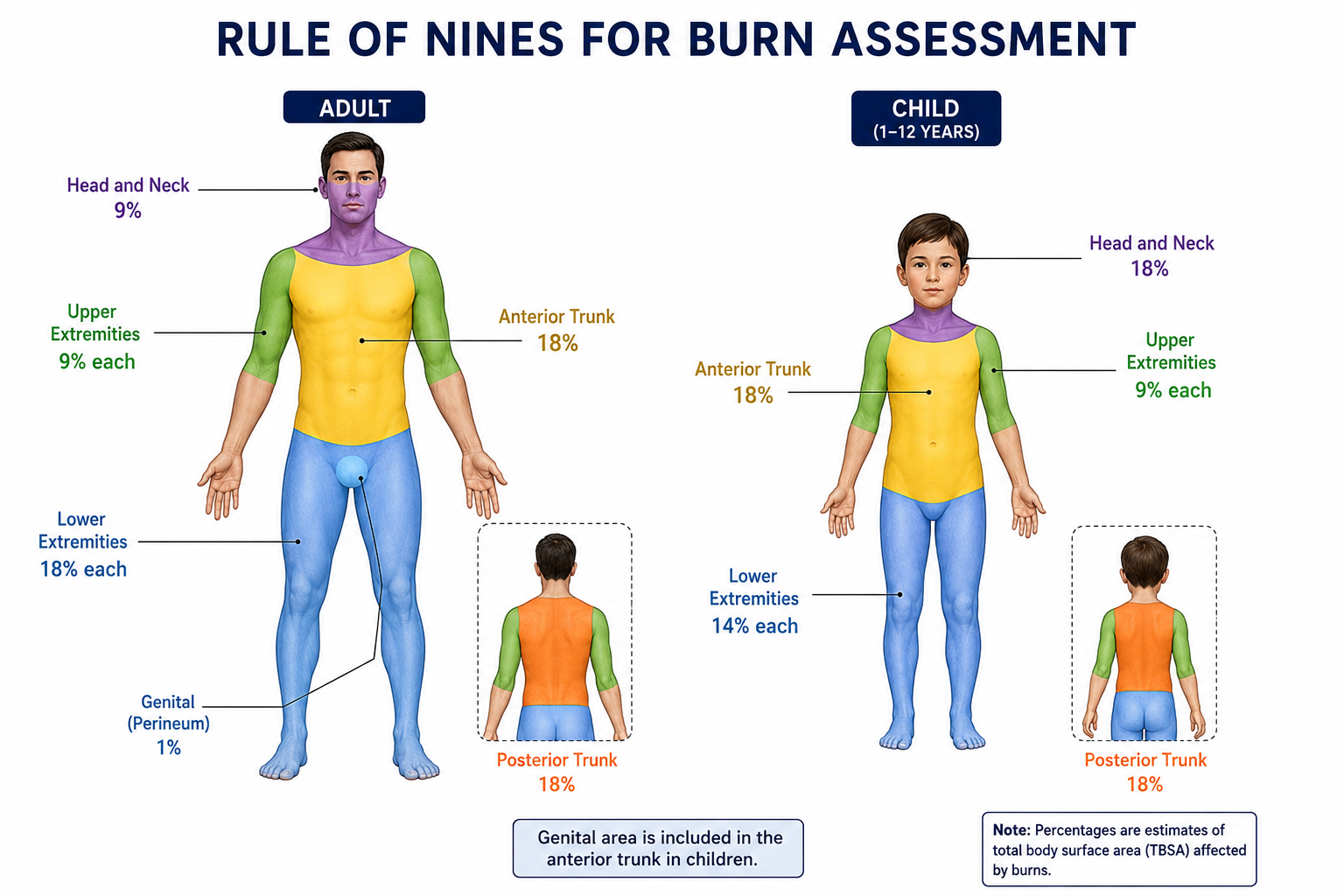 Medical infographic illustrating the Rule of Nines for burn assessment, comparing body surface area percentages for adults and children using color-coded anatomical figures and labeled body regions.