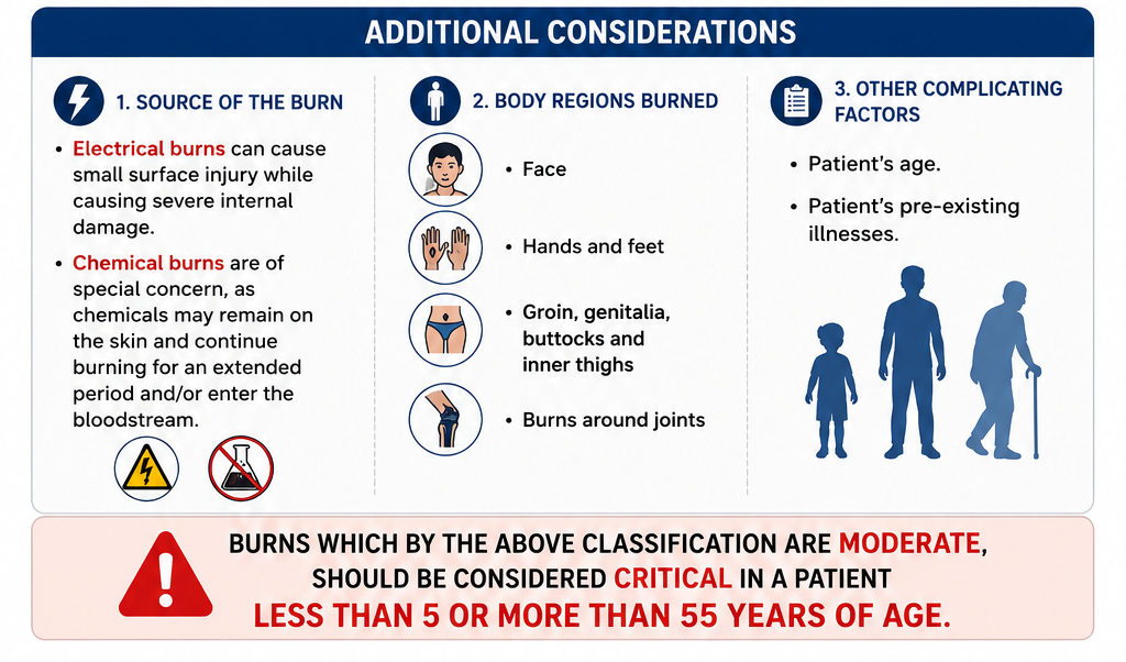 Medical infographic explaining burn severity classification into minor, moderate, and critical burns based on total body surface area (BSA), burn depth, burn location, and patient-related risk factors.
