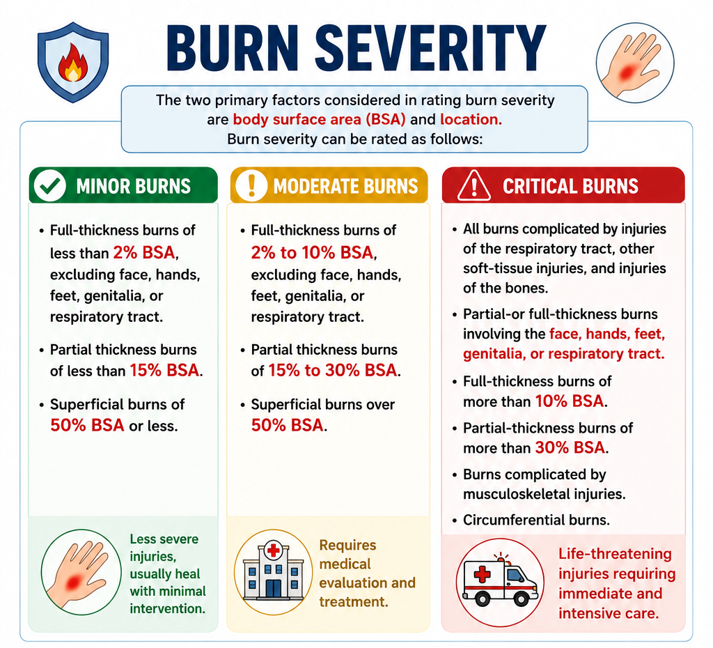 Medical infographic explaining burn severity classification into minor, moderate, and critical burns based on total body surface area (BSA), burn depth, burn location, and patient-related risk factors.