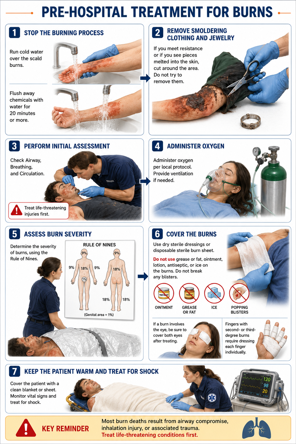 Medical infographic illustrating the seven essential pre-hospital burn treatment steps, including stopping the burning process, removing smoldering clothing, performing an initial assessment, administering oxygen, assessing burn severity using the Rule of Nines, covering burns with sterile dressings, and treating for shock.
