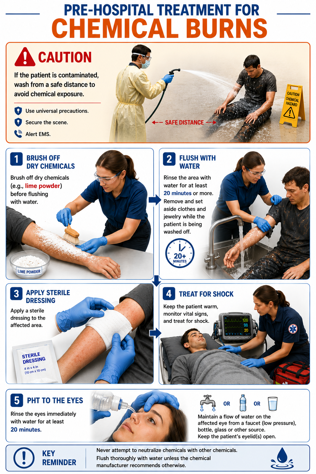 Medical infographic demonstrating pre-hospital treatment for chemical burns and chemical eye injuries, including brushing off dry chemicals such as lime powder, flushing the affected area and eyes with water, applying a sterile dressing, treating for shock, and following essential safety precautions.