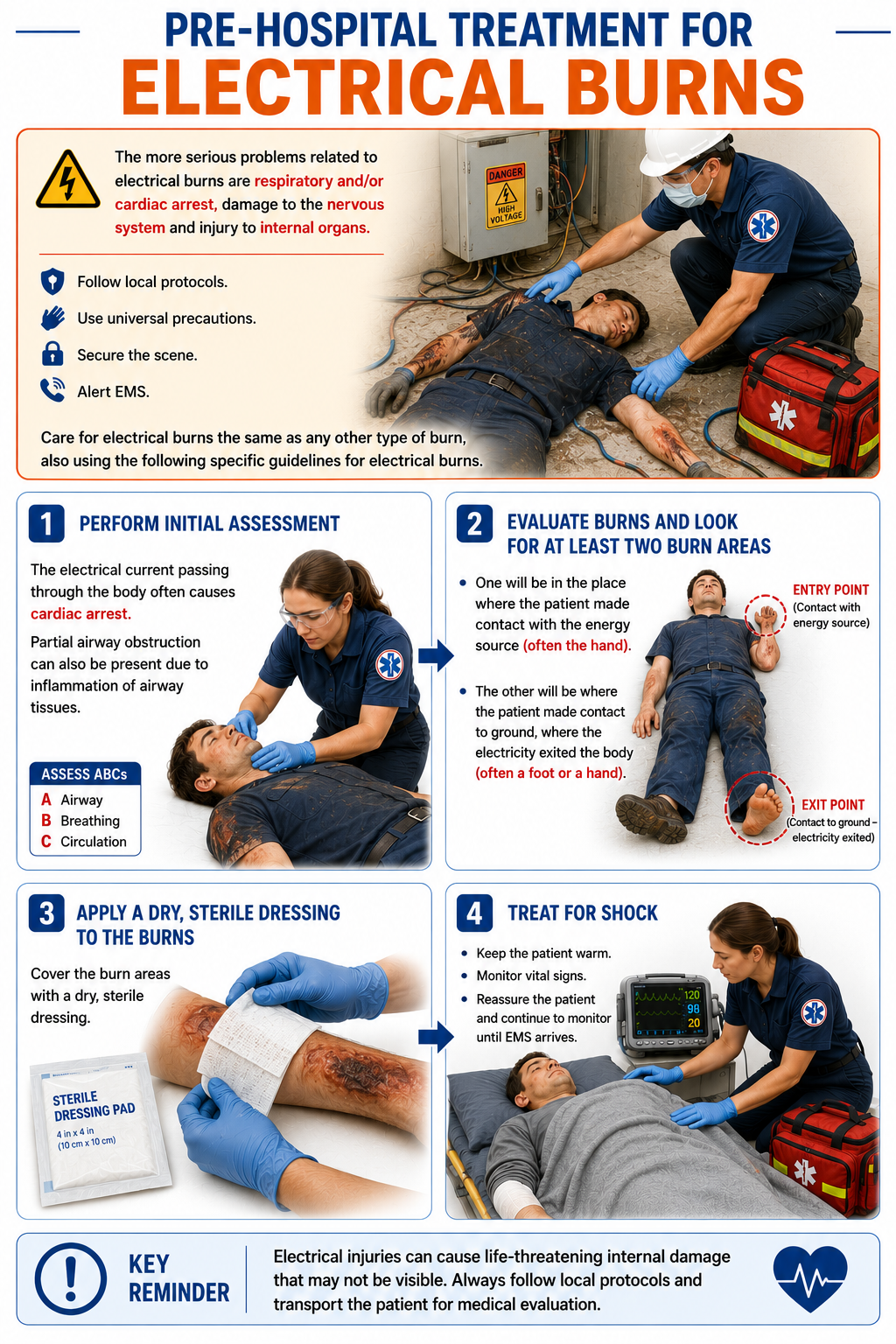 Medical infographic illustrating the pre-hospital treatment of electrical burns, including initial assessment, identification of electrical entry and exit wounds, application of sterile dressings, and shock management with emphasis on cardiac and respiratory complications.
