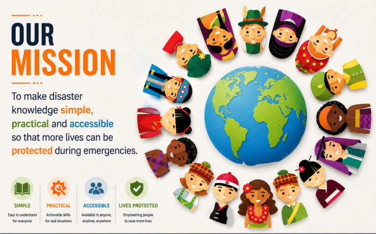Our Mission illustration showing a diverse global community united around the Earth, representing accessible disaster response education that helps protect more lives during emergencies.