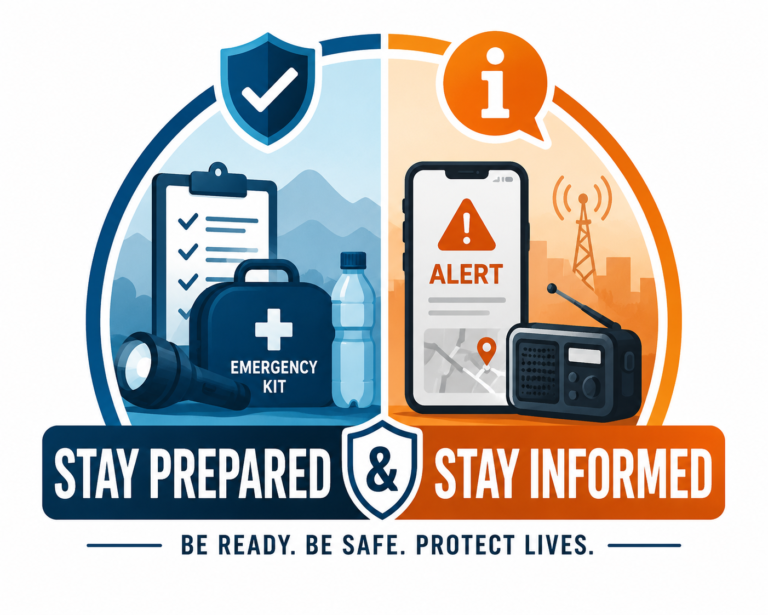Stay Prepared and Stay Informed illustration featuring an emergency preparedness kit, safety checklist, smartphone alert, and emergency radio, promoting disaster readiness and timely emergency information.