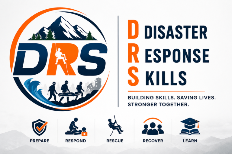 DRS logo representing Disaster Response Skills with the full form displayed alongside, featuring rescue, preparedness, emergency response, recovery, and learning symbols in a modern professional design.