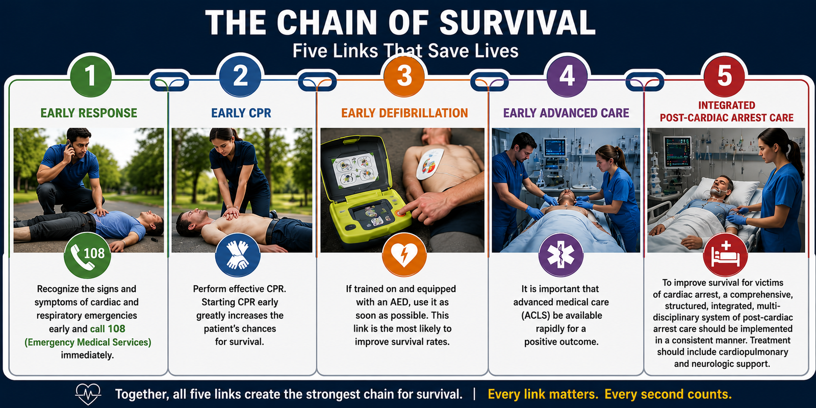 Infographic illustrating the five links in the Chain of Survival: early access, early CPR, early defibrillation, early advanced care, and integrated post-cardiac arrest care.